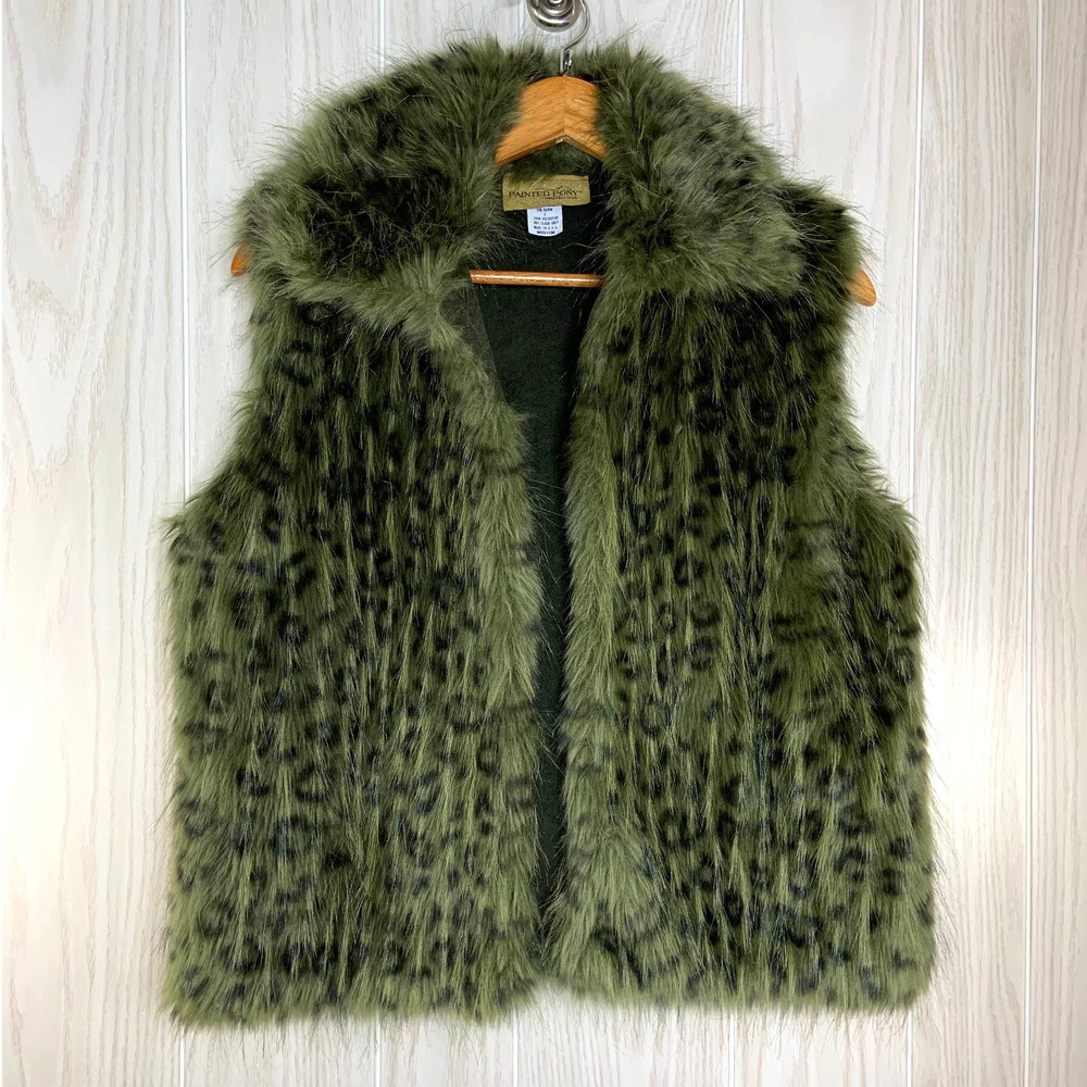 Painted Pony Faux Fur Vest Women's Size M Green Black Animal Print Made in USA